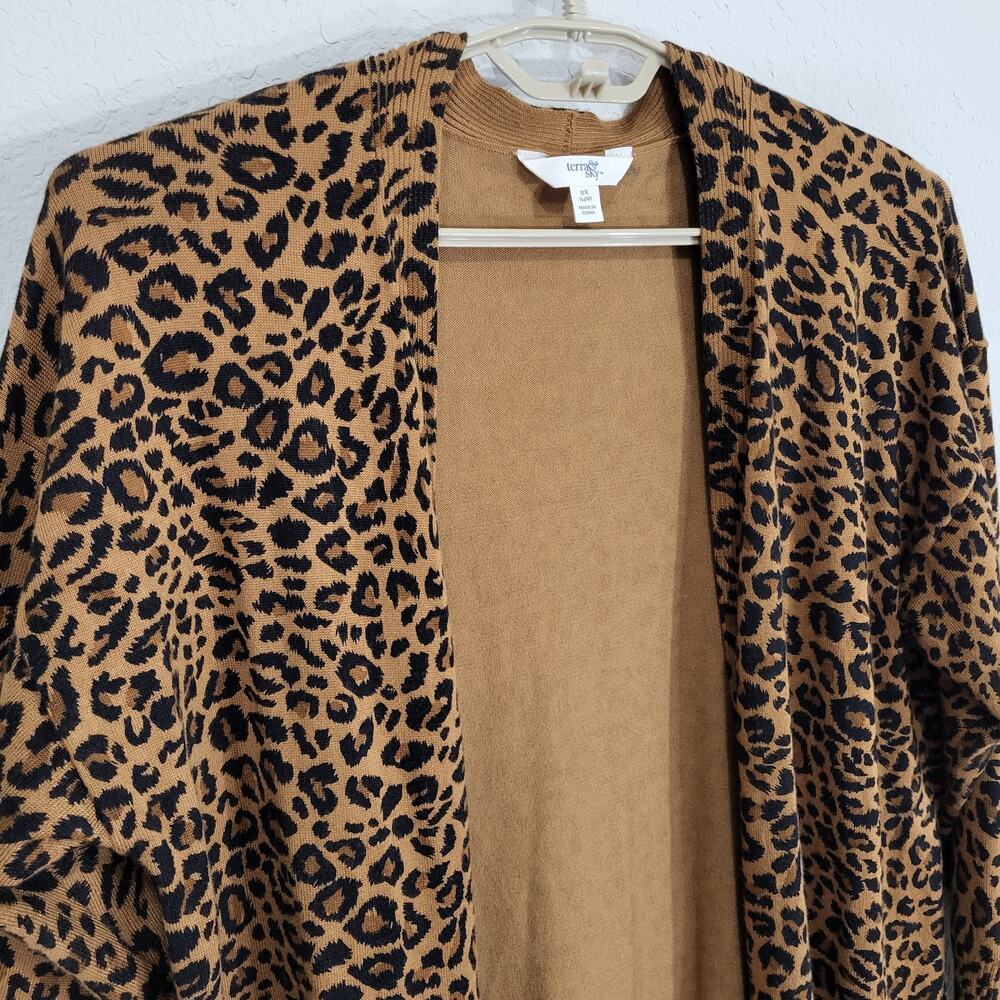 Terra & Sky Leopard Print Long Cardigan Women's Size 0X 14W Open Front Casual - Picture 6 of 9